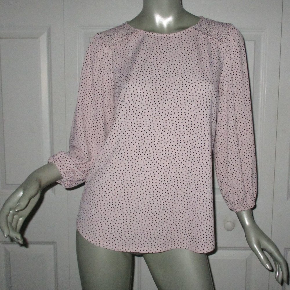 ADRIANNA PAPELL Pink/Black Polka Dot Smocked Long Sleeve Blouse